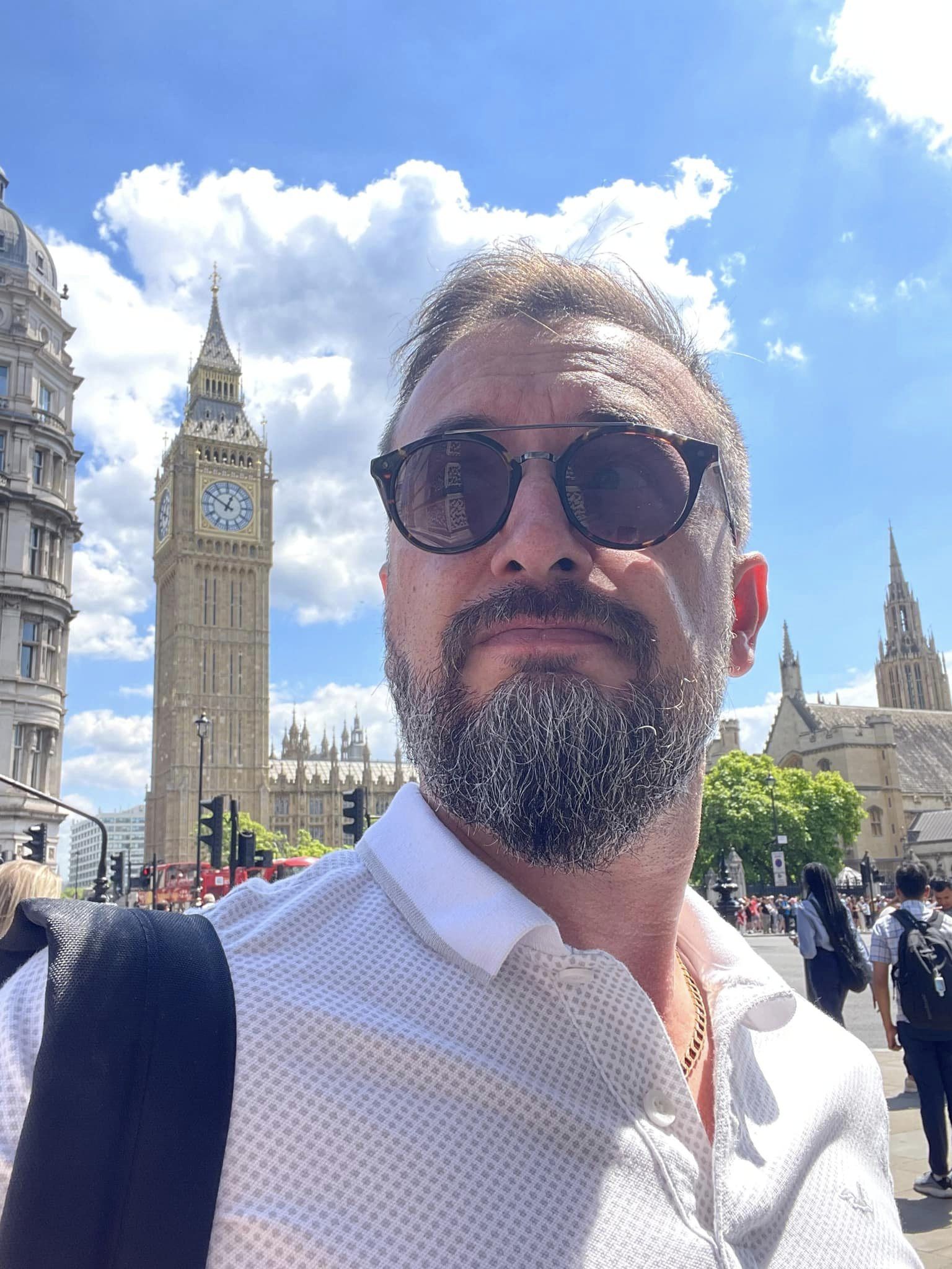Scott Evans, co-founder of LOOK Creative, outside the Houses of Parliament in London.