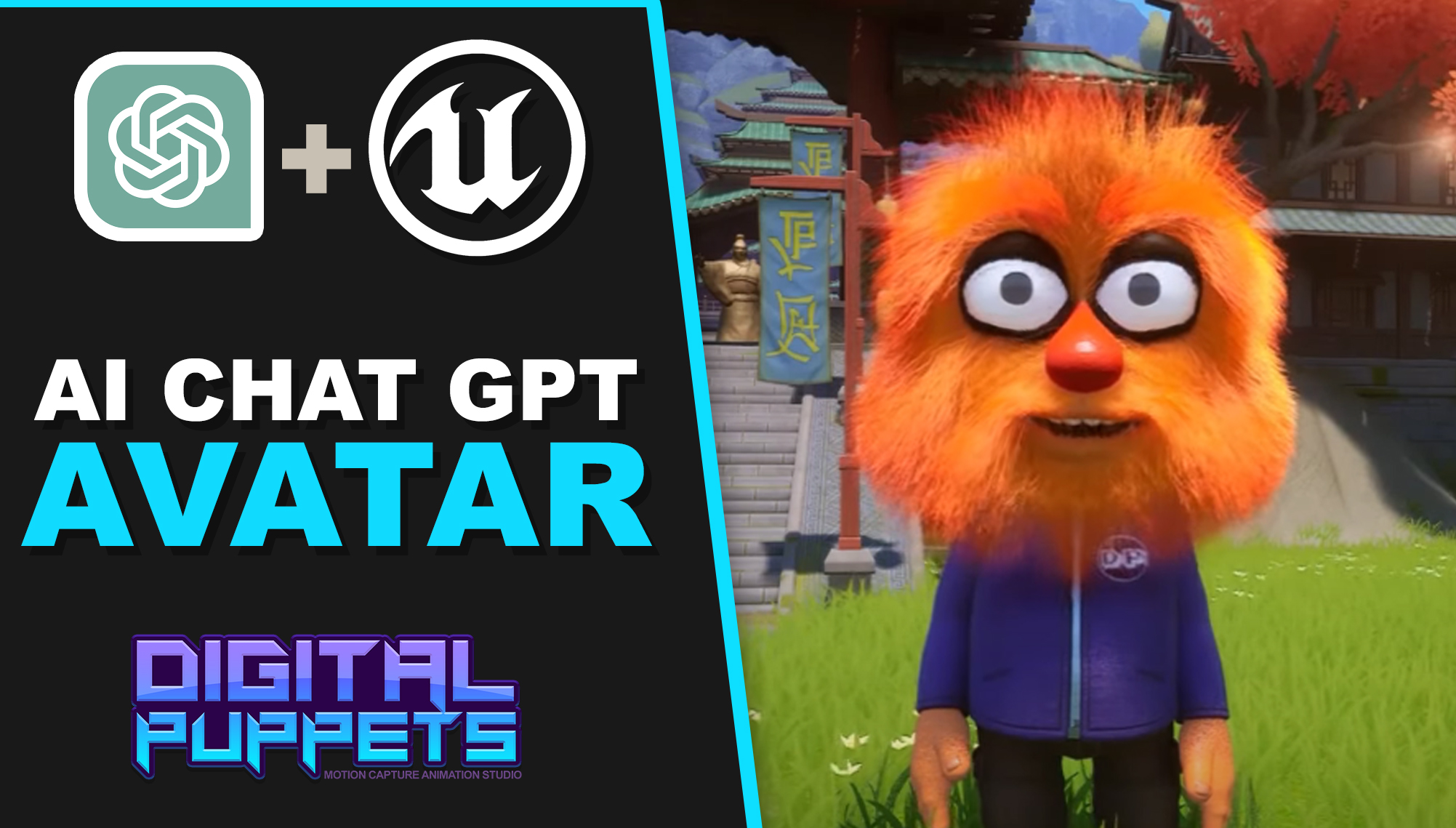 Digital Puppets AI ChatGPT avatar demo featuring an orange furry character and Unreal Engine branding.