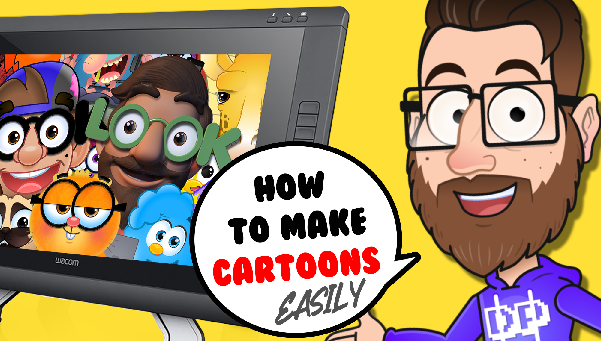 Cartoon animation tutorial thumbnail showing a drawing tablet, character designs and the words How to Make Cartoons Easily.