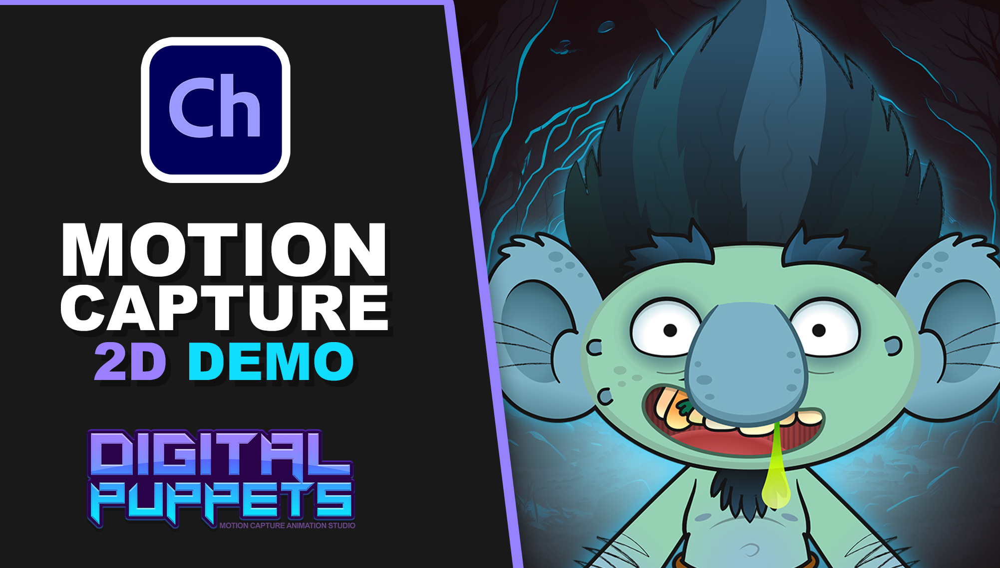 Digital Puppets 2D motion capture demo featuring an illustrated blue creature and the Adobe Character Animator logo.