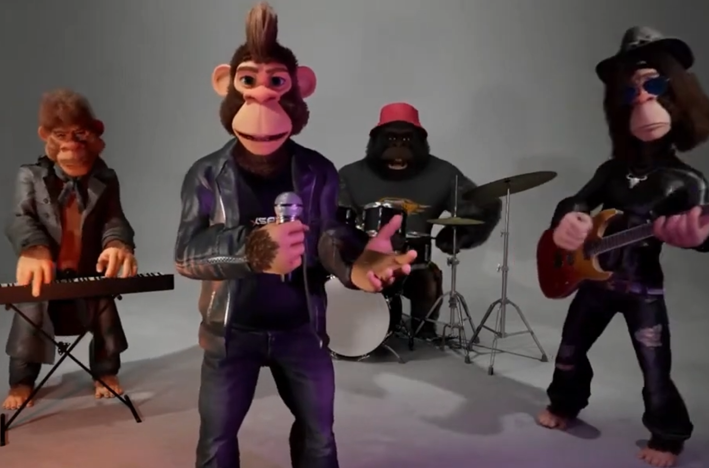 3D animated ape band with a singer, keyboardist, drummer and guitarist.