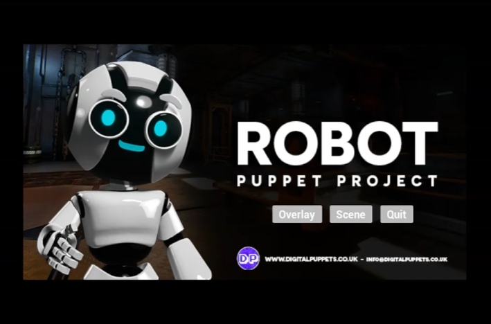 Digital Puppets Robot Puppet Project showing a white robot avatar with glowing blue eyes and on-screen controls.